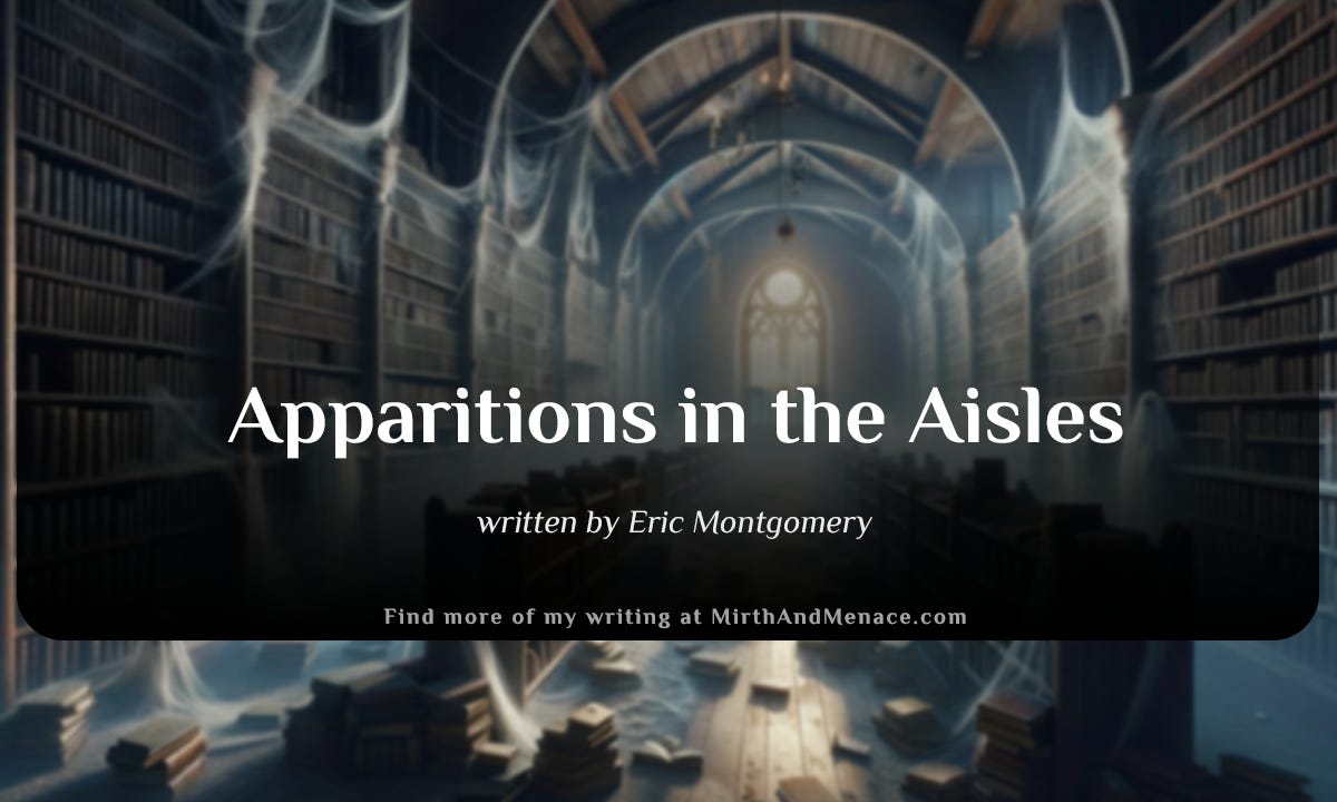 Ai Generated image that shows a eerie library by the sea, moonlit, with ghostly figures among ancient books, casting a haunting, mystical ambiance. Used for cover art on the poem, "Apparitions in the Aisles" written by Eric Montgomery (mirthandmenace.com)