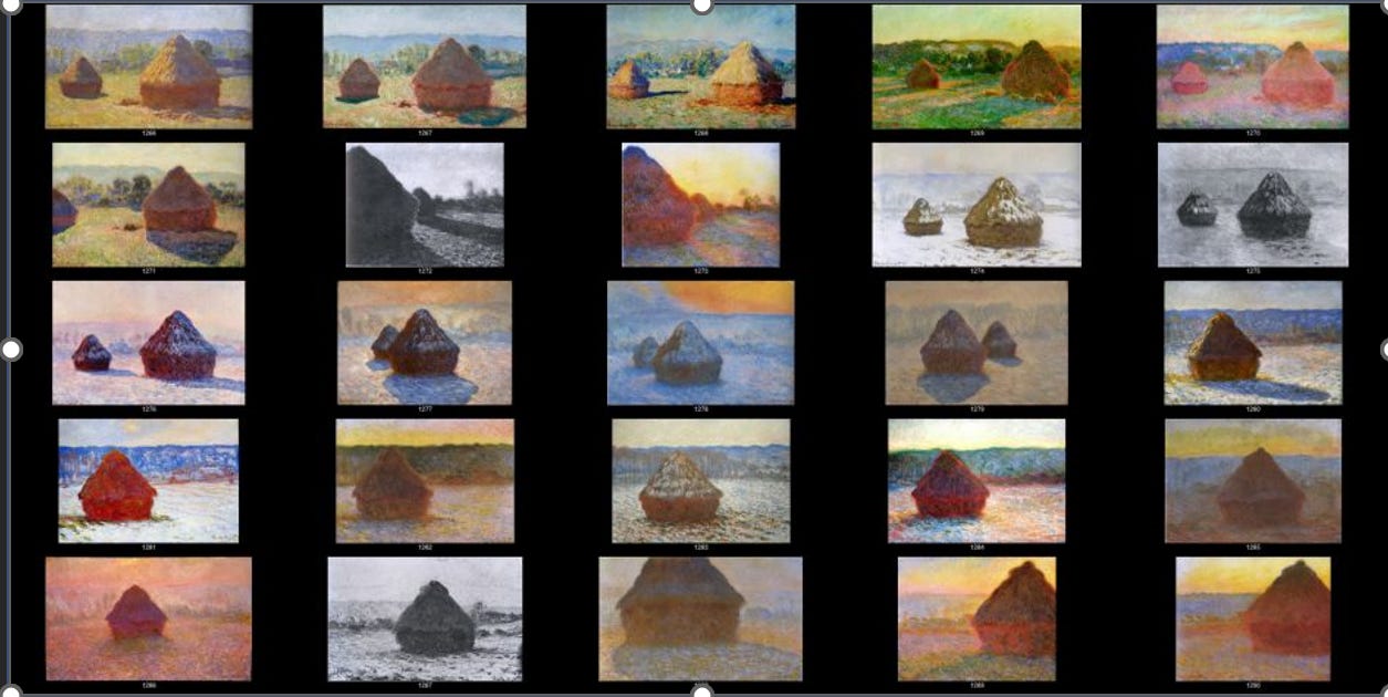 Claude Monet, the complete "Grainstacks" series of 1890-1, referenced by their Wildenstein numbers.