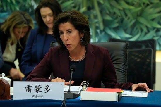 U.S. Commerce Secretary Gina Raimondo speaks at the Chinese Ministry of Commerce.