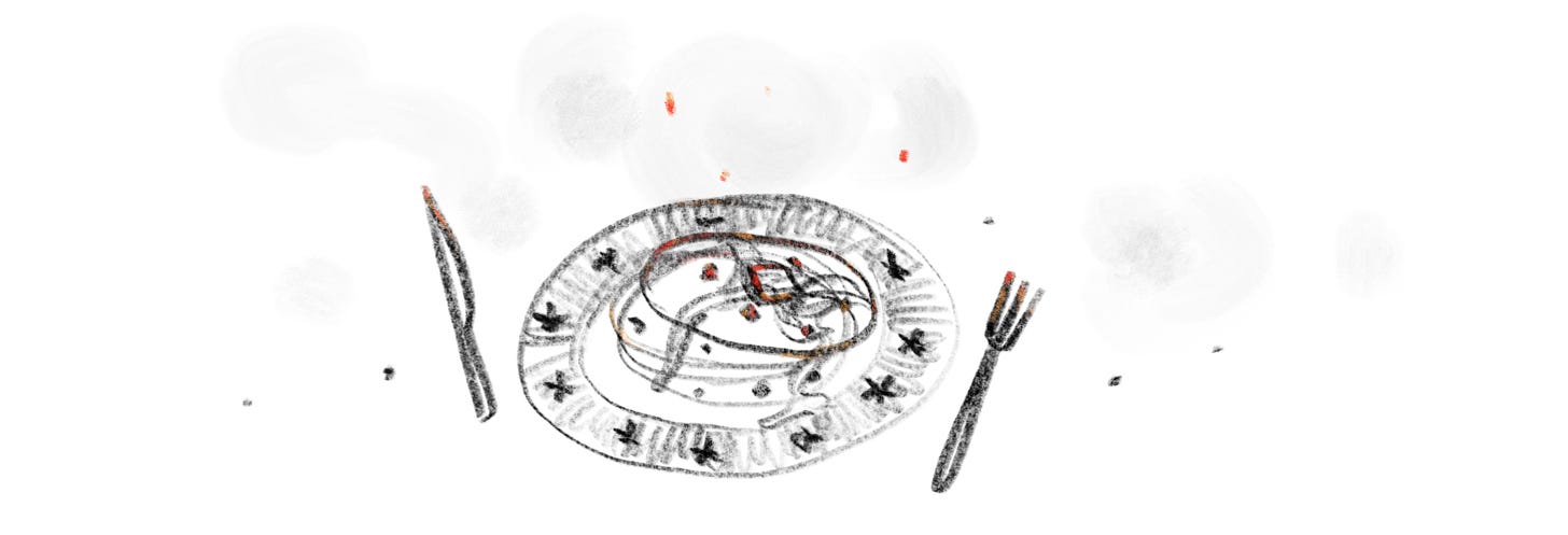 A pencil sketch of a stack of chocolate chip pancakes covered in syrup with a pat of butter on a star-covered plate, next to a knife and fork. Everything has red and orange burning bits like coals at the edges.