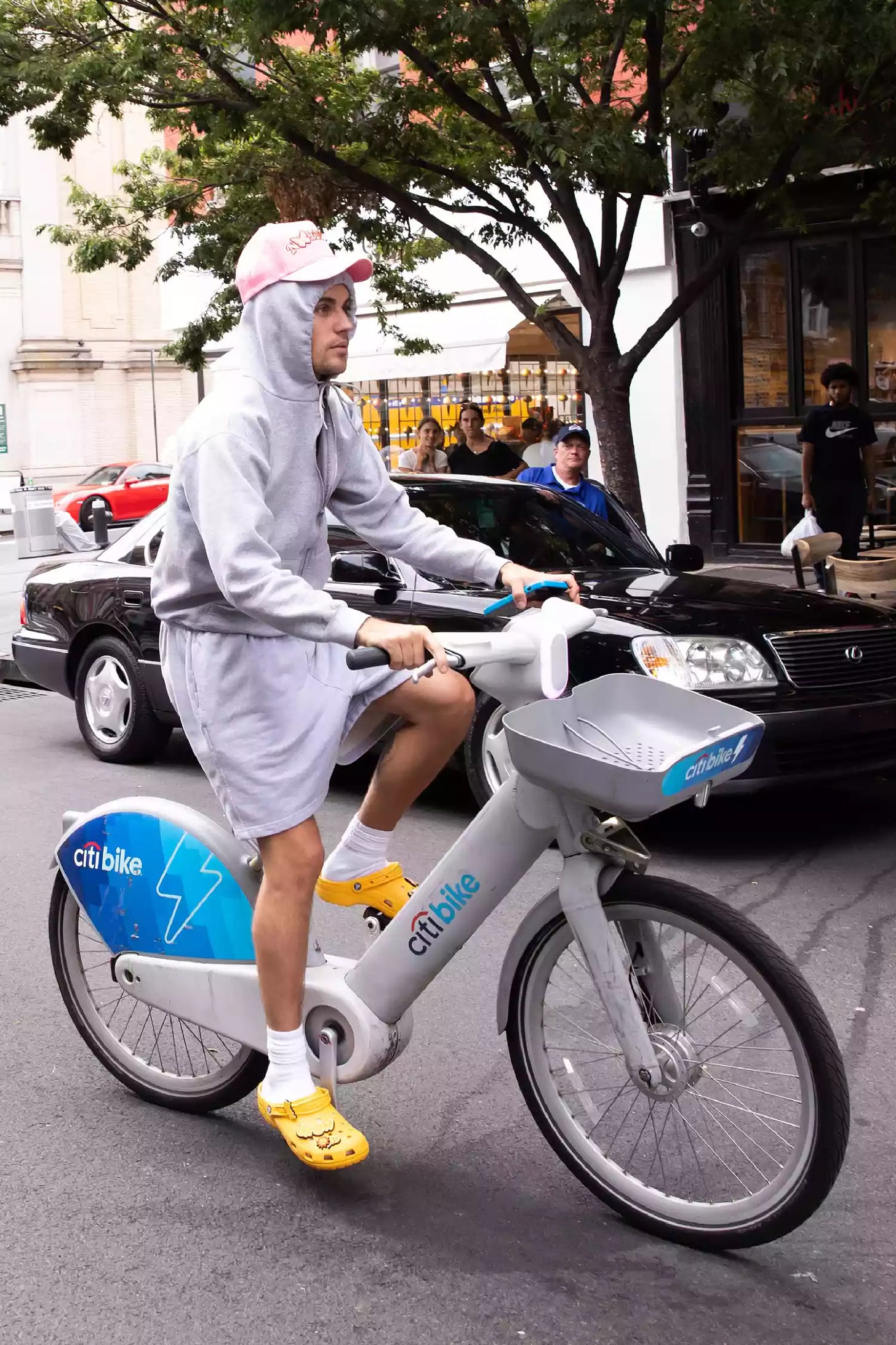 Justin Bieber in Sweats Riding Citizen Bike for Rhode Strawberry Promotion New York August 2023