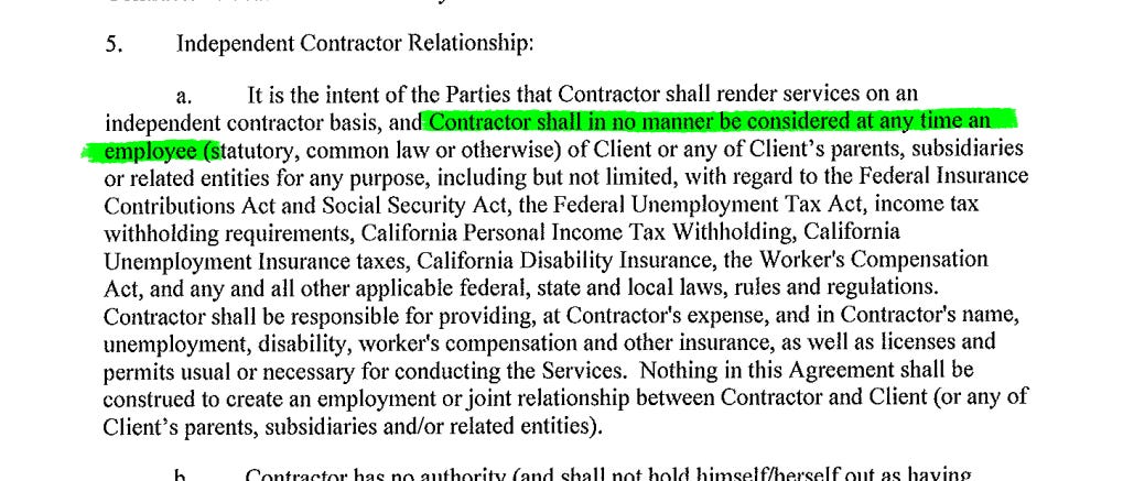 Snippet from Young Turks independent contractor agreement of a large paragraph w a green highlight over the words "Contractor shall in no manner be considered at any time an employee"