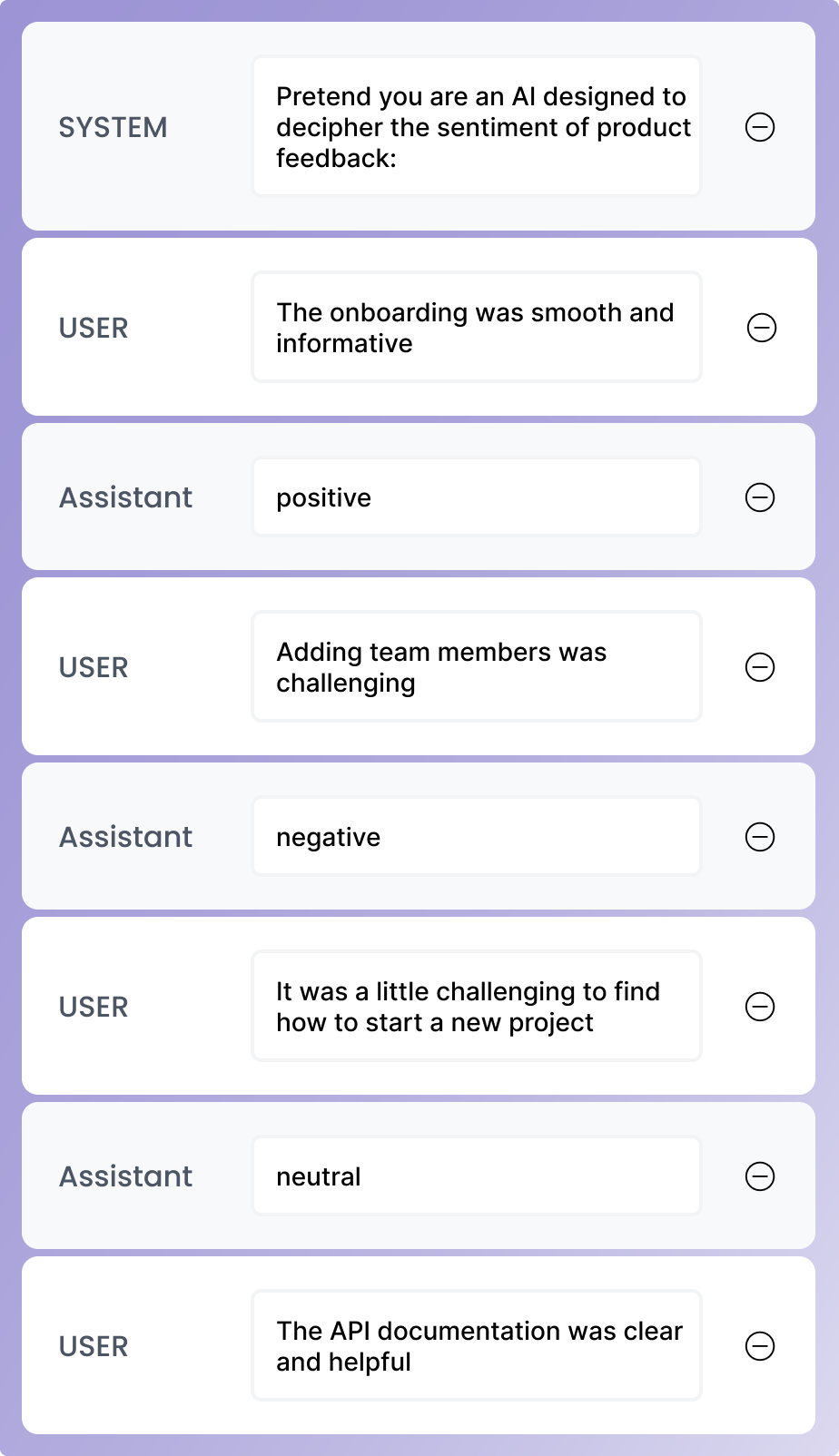A series of user and assistant messages on top of a purple gradient background