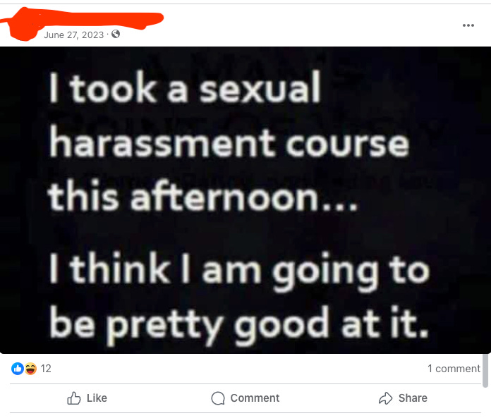 A meme posted by an American Airlines captain bragging about how good he’d be at sexually harassing people at work.