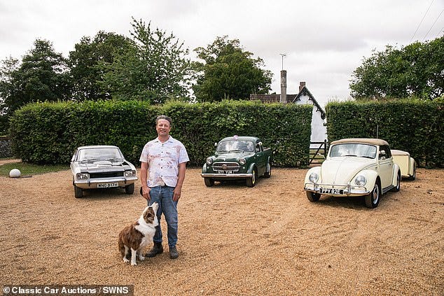 Jamie Oliver has auctioned off three of his beloved vintage motors - including a Ford Capri, a VW Beetle, and a Fiat