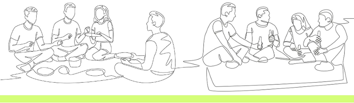 A group of friends or family seated on picnic blankets outdoors, sharing food and conversation. A green frame highlights the scene, creating a vibrant, welcoming feel. Line drawing created by stlineart. AdobeStock_ 032229547 and 1032241365