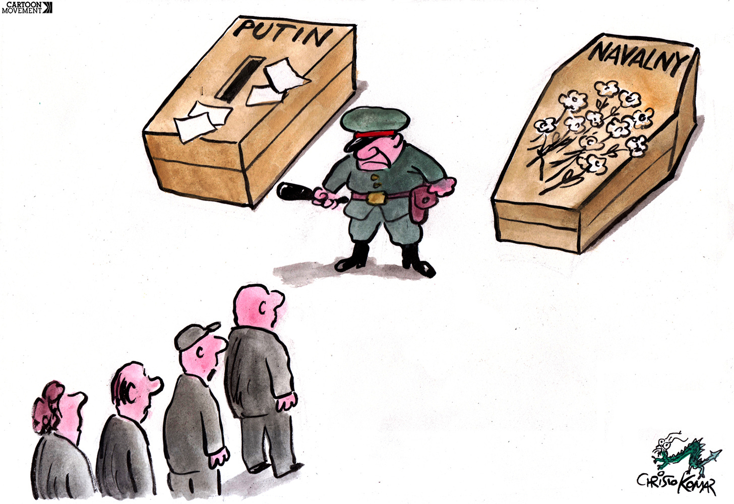Cartoon showing a ballot box with the name Putin on it on one side and a coffin with the name Navalny on the other. A police officer with a baton stands in front of a line of Russian people, pointing towards the ballot box.