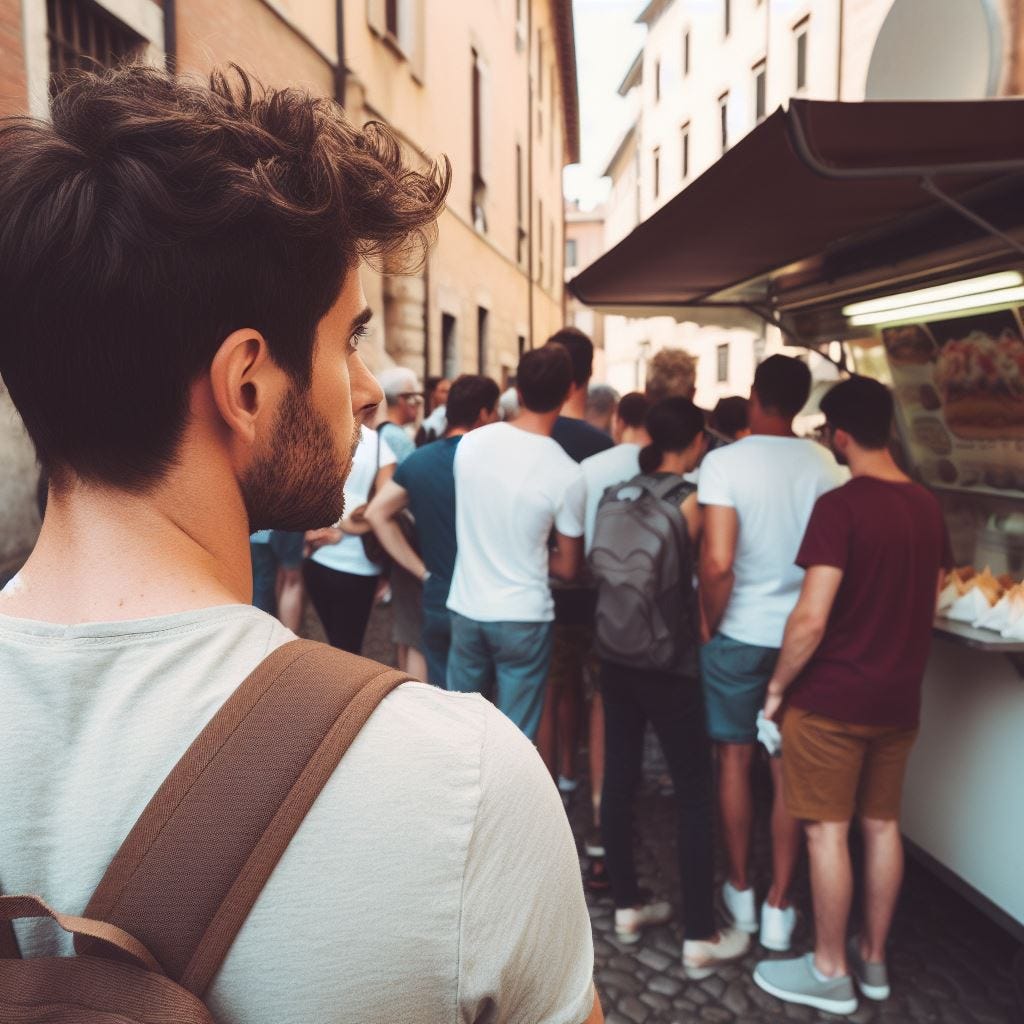 un uomo osserva la coda di persone che stanno aspettando un hamburger in un carrello di street food in una città italiana