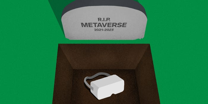 An illustration of a tombstone reading "R.I.P. Metaverse, 2021-2023" that sits in front of an open grave. A white VR headset sits in the bottom of the grave.