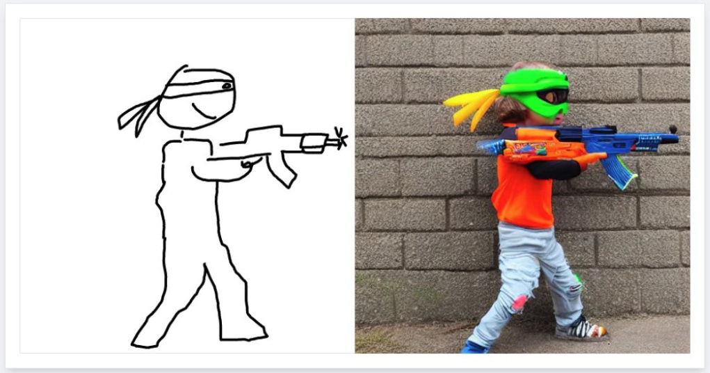 doodle of kid with gun, and real kid with gun.
