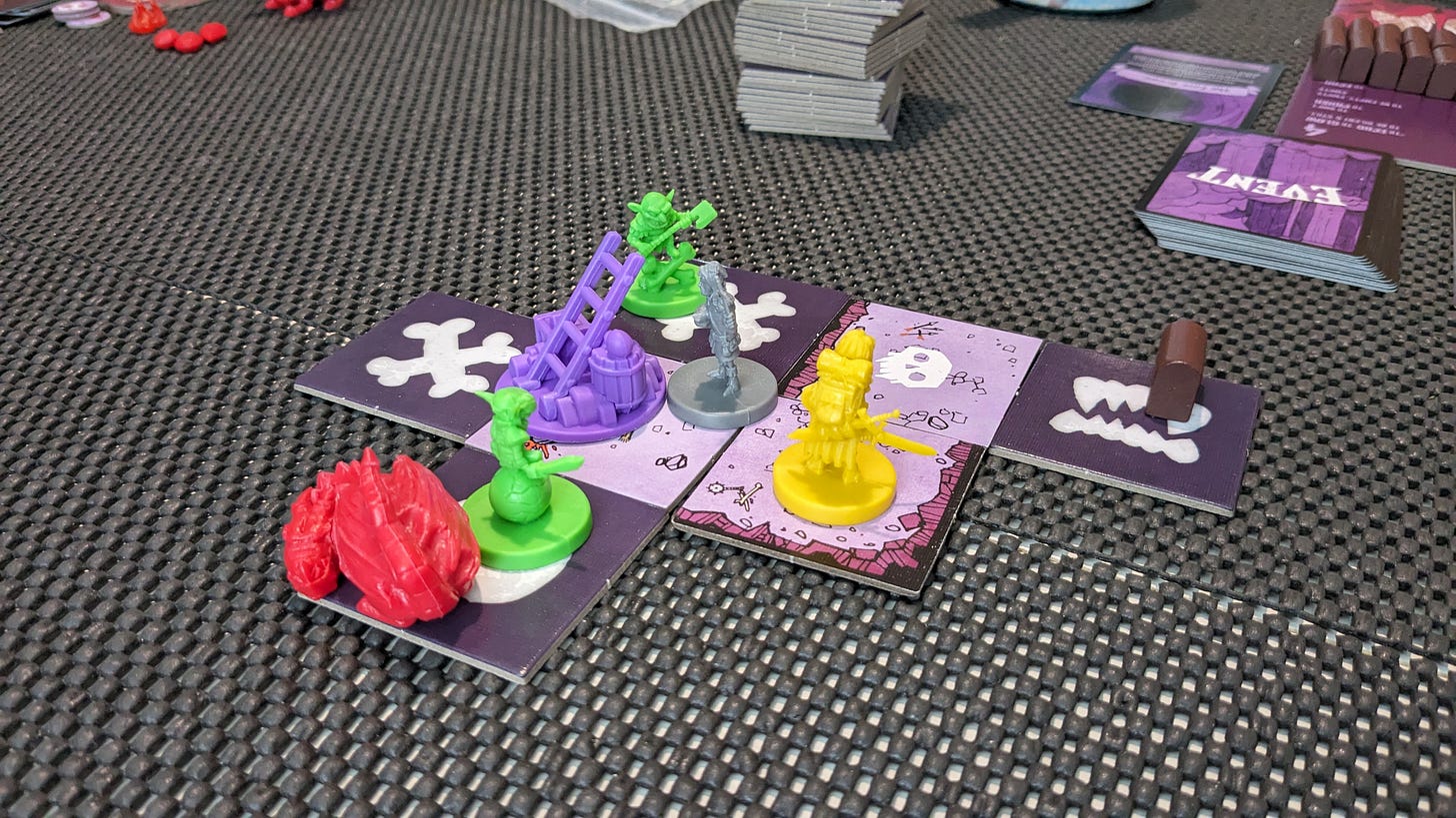 Vast towards the start of the game with all roles visible. Vast: The Crystal Caverns was the first game from renowned publisher Leder Games. How does it feel to play for the first time?