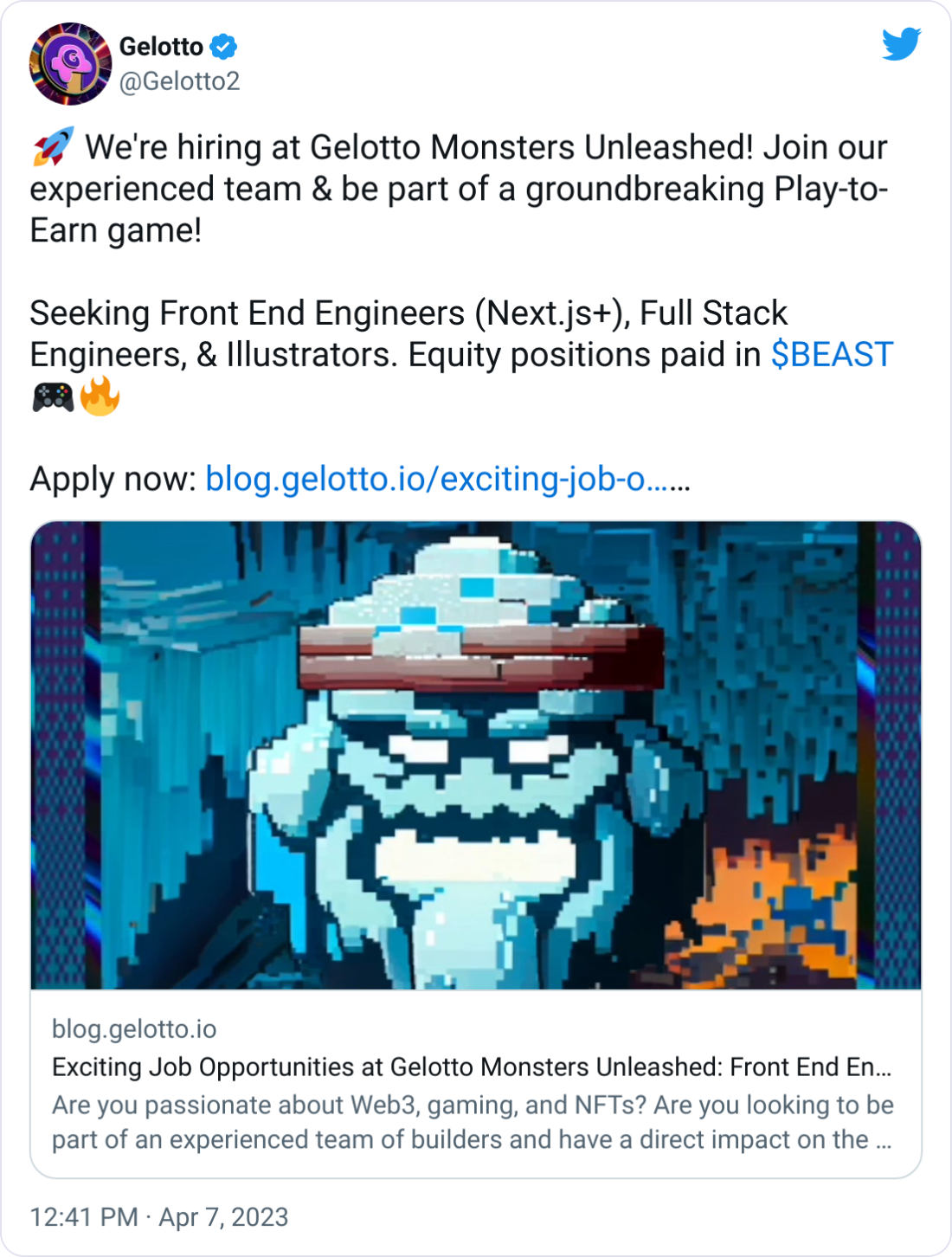 🚀 We're hiring at Gelotto Monsters Unleashed! Join our experienced team & be part of a groundbreaking Play-to-Earn game!   Seeking Front End Engineers (Next.js+), Full Stack Engineers, & Illustrators. Equity positions paid in $BEAST 🎮🔥  Apply now: https://blog.gelotto.io/exciting-job-opportunities-at-gelotto-monsters-unleashed-front-end-engineer-full-stack-engineer-and-illustrator  #Web3 #NFT #GamingJobs #P2E