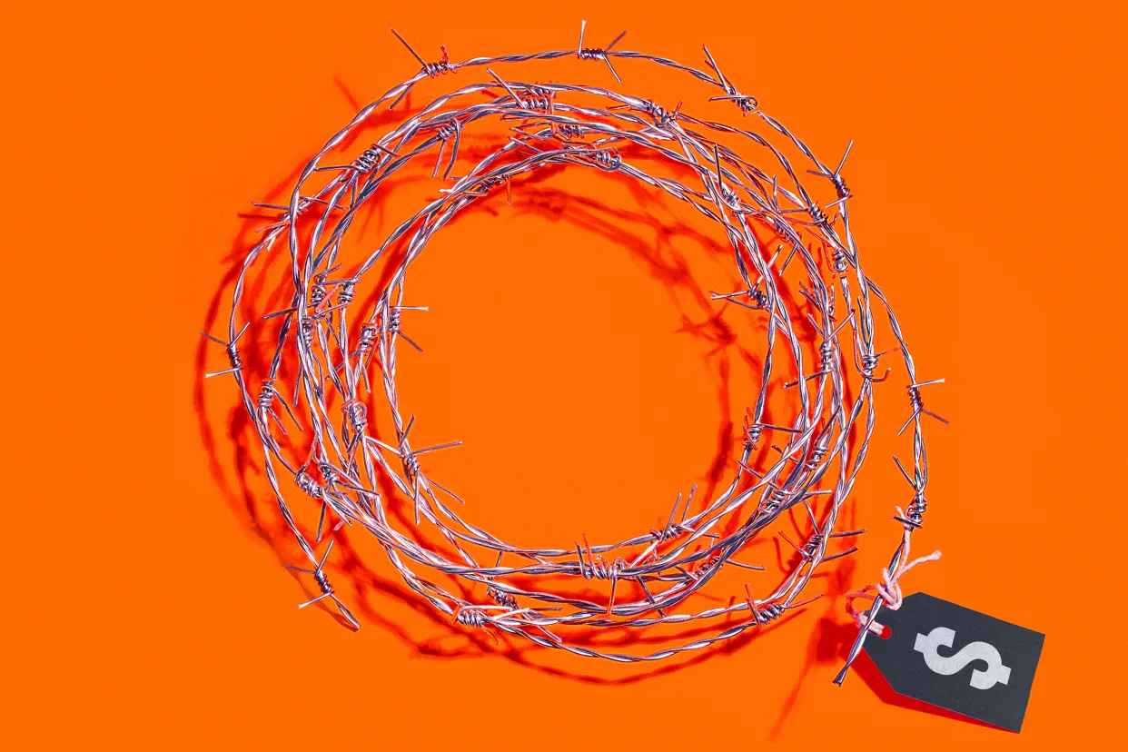 Photo illustration of barbed wire with a dollar sign representing a price tag on it