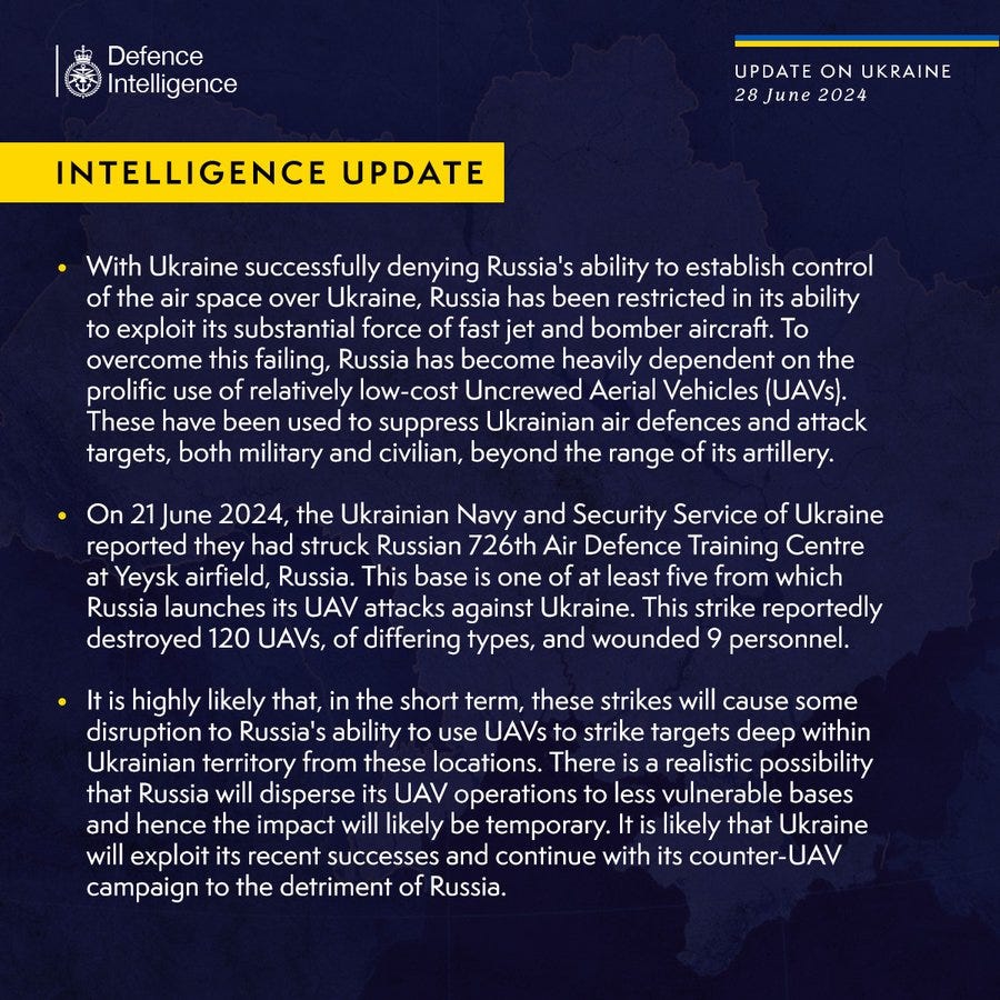 With Ukraine successfully denying Russia's ability to establish control of the air space over Ukraine, Russia has been restricted in its ability to exploit its substantial force of fast jet and bomber aircraft. To overcome this failing, Russia has become heavily dependent on the prolific use of relatively low-cost Uncrewed Aerial Vehicles (UAVs). These have been used to suppress Ukrainian air defences and attack targets, both military and civilian, beyond the range of its artillery. 

On 21 June 2024, the Ukrainian Navy and Security Service of Ukraine reported they had struck Russian 726th Air Defence Training Centre at Yeysk airfield, Russia. This base is one of at least five from which Russia launches its UAV attacks against Ukraine. This strike reportedly destroyed 120 UAVs, of differing types, and wounded 9 personnel.