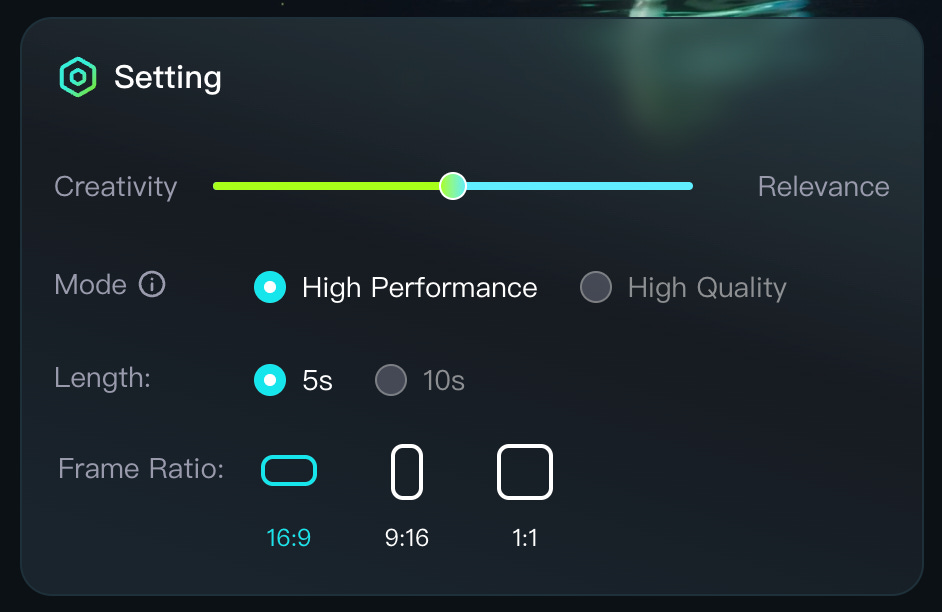 Kling In the settings section, you can adjust the creativity level, mode, length, and frame ratio.