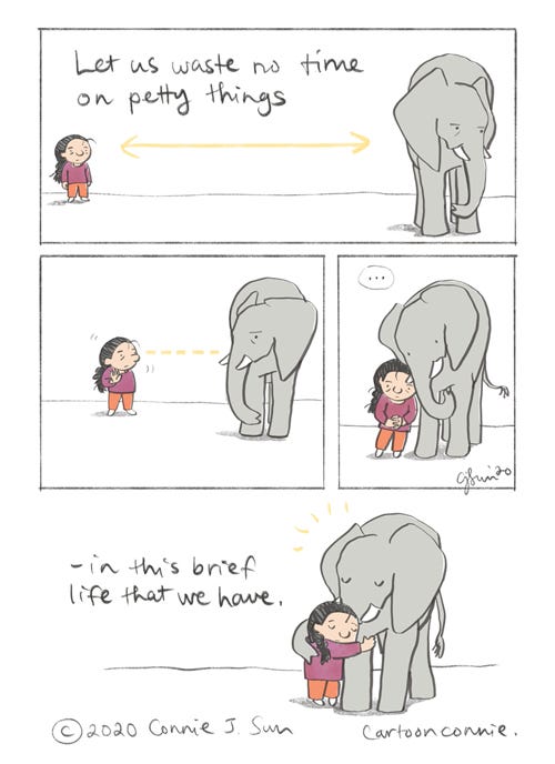 Waste No Time, Elephant elephant hug illustration, comic strip, sketchbook, drawing, by connie sun, cartoonconnie