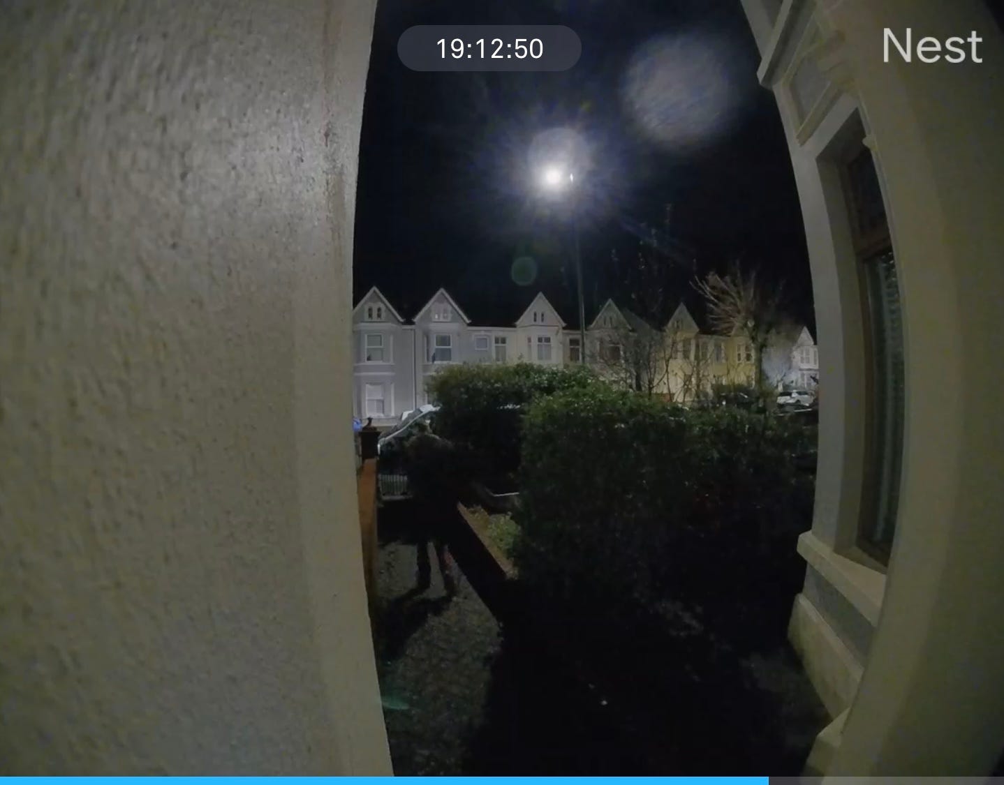 Ant is walking down the garden path in a still from video doorbell footage. The sky is black and the street lamplit.
