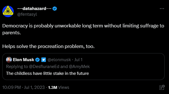 Trash tweet about democracy being unworkable long term and only parents should have voting rights. Elon Musk agrees in responding tweet.