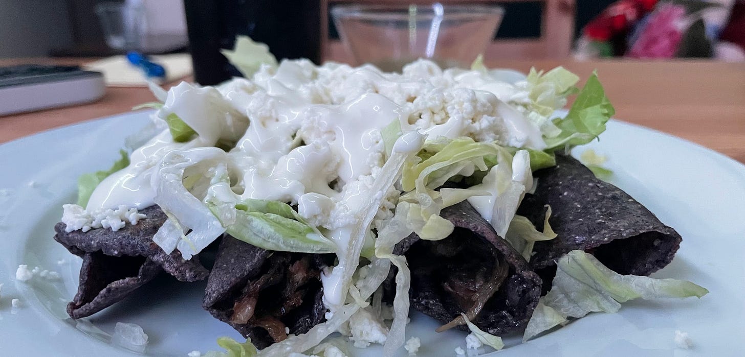 Lamb Barbacoa flautas from El Higualdense in Mexico City (Left). My copycat (Middle). I made these blue corn tortillas from scratch (Right). I give it a 8.8/10