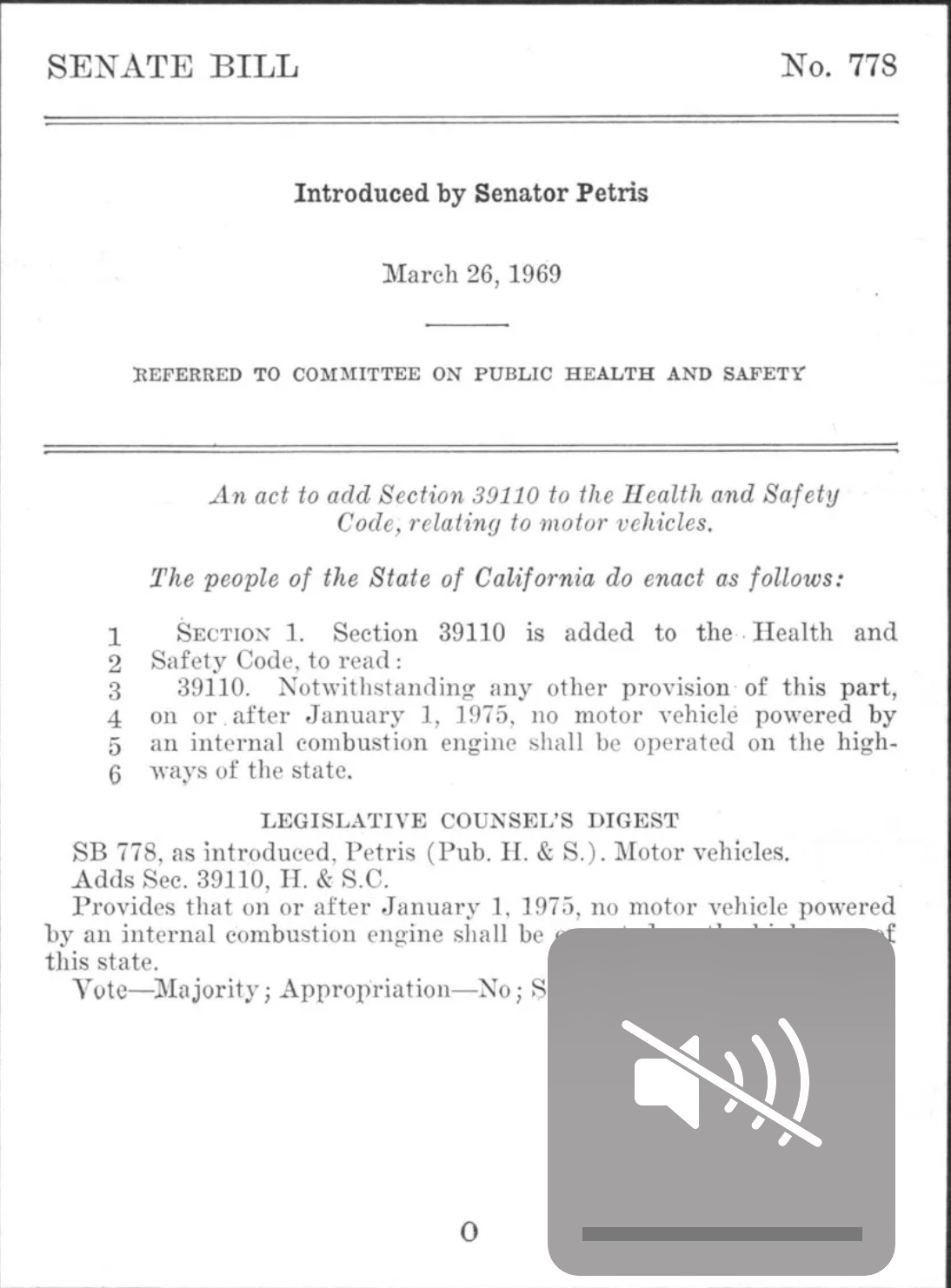 A screenshot of legislation introduced in 1969 that would ban internal combustion vehicles by 1975.