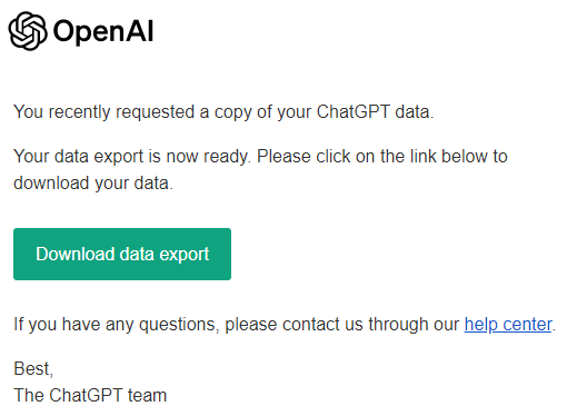 ChatGPT email with "Download data export" button