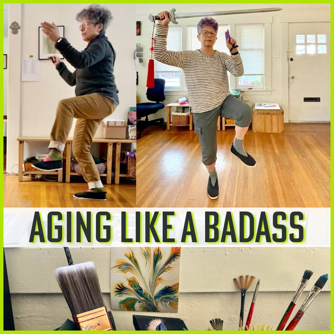 Aging Like a Badass image. Woman practicing tai chi and sword, art supplies.