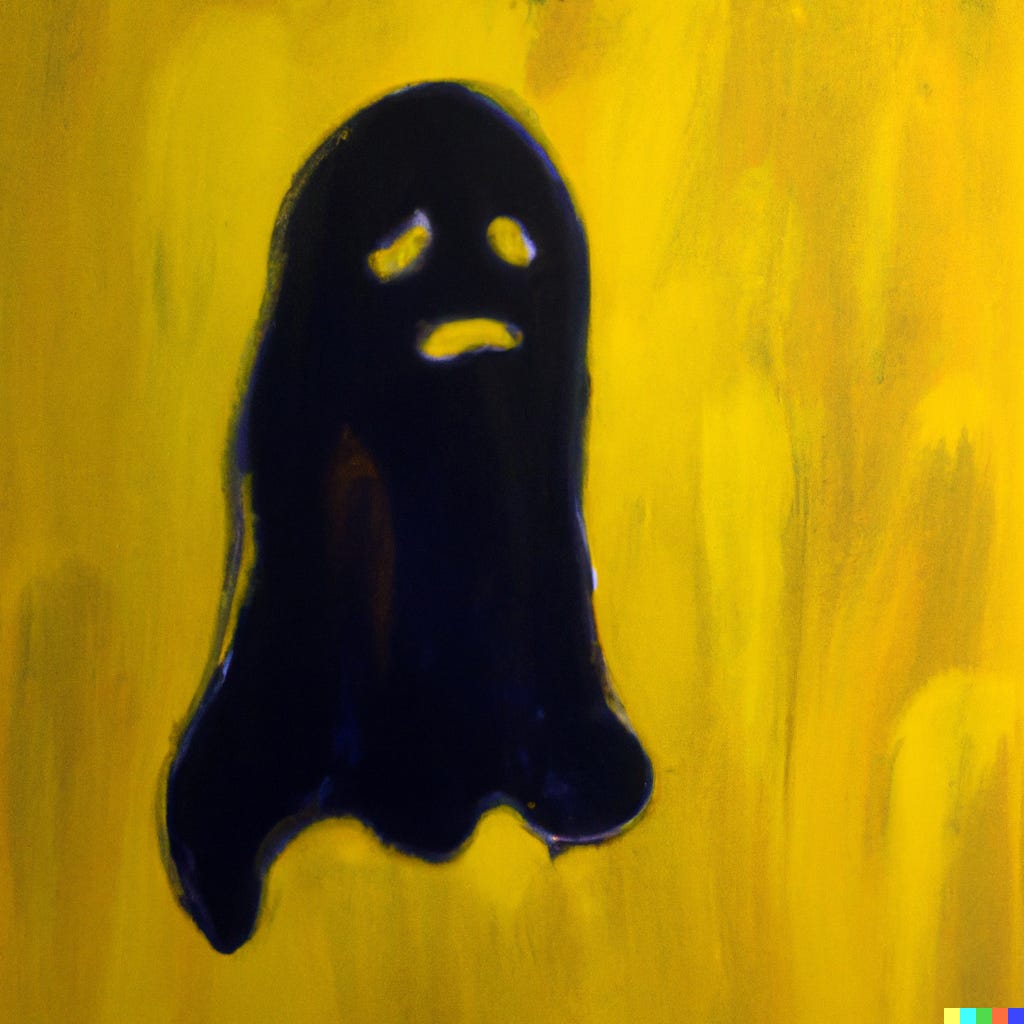 "oil painting of a sad black ghost on a yellow background" / DALL-E