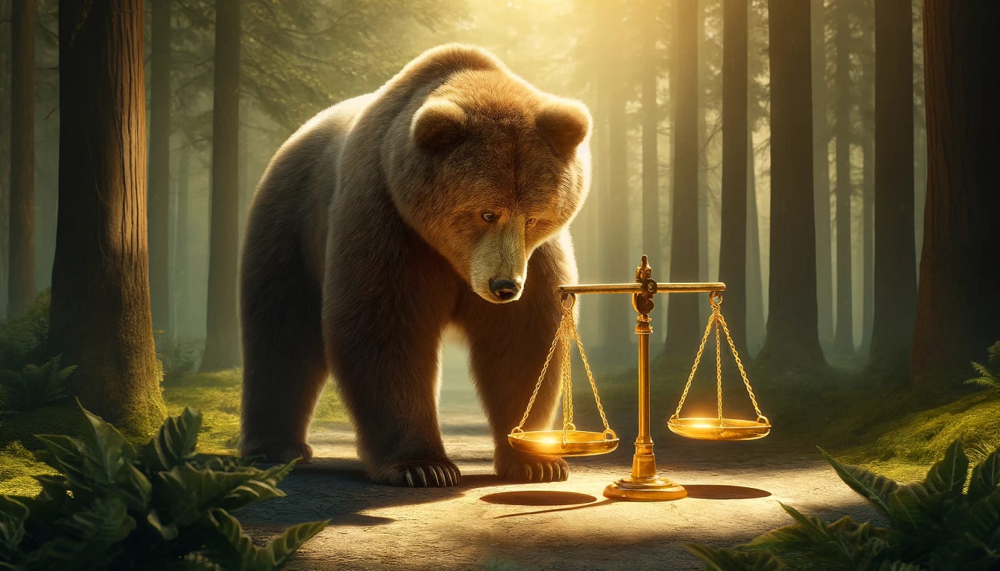 A majestic grizzly bear standing on all fours, curiously investigating a pair of golden scales placed on the ground in front of it. The scales gleam in the sunlight, with the surrounding scenery depicting a dense forest filled with tall trees and lush greenery. The bear looks powerful yet thoughtful, and its fur reflects the golden light from the scales. The overall image has a mystical, almost philosophical atmosphere, with the scales symbolizing balance or justice. The aspect ratio is 55:34.