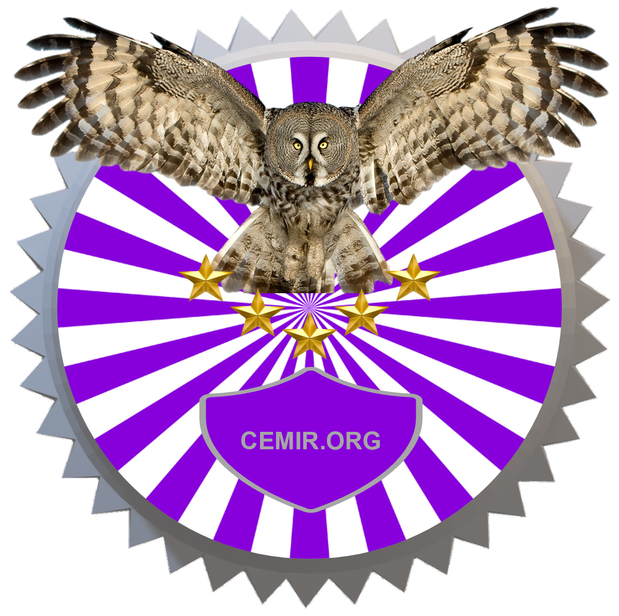 CEMIR.ORG seal, owl, stars on a purple sunburst background