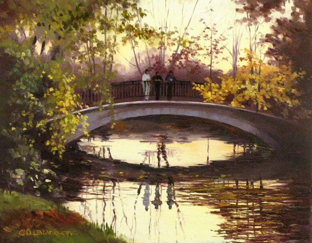 A bridge over a pond

Description automatically generated