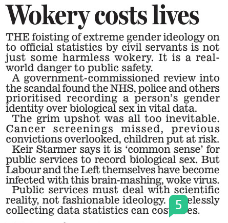 Wokery costs lives Daily Mail21 Mar 2025 THE foisting of extreme gender ideology on to official statistics by civil servants is not just some harmless wokery. It is a realworld danger to public safety.  A government-commissioned review into the scandal found the NHS, police and others prioritised recording a person’s gender identity over biological sex in vital data.  The grim upshot was all too inevitable. Cancer screenings missed, previous convictions overlooked, children put at risk.  Keir Starmer says it is ‘common sense’ for public services to record biological sex. But Labour and the Left themselves have become infected with this brain-mashing, woke virus.  Public services must deal with scientific reality, not fashionable ideology. Carelessly collecting data statistics can cost lives.