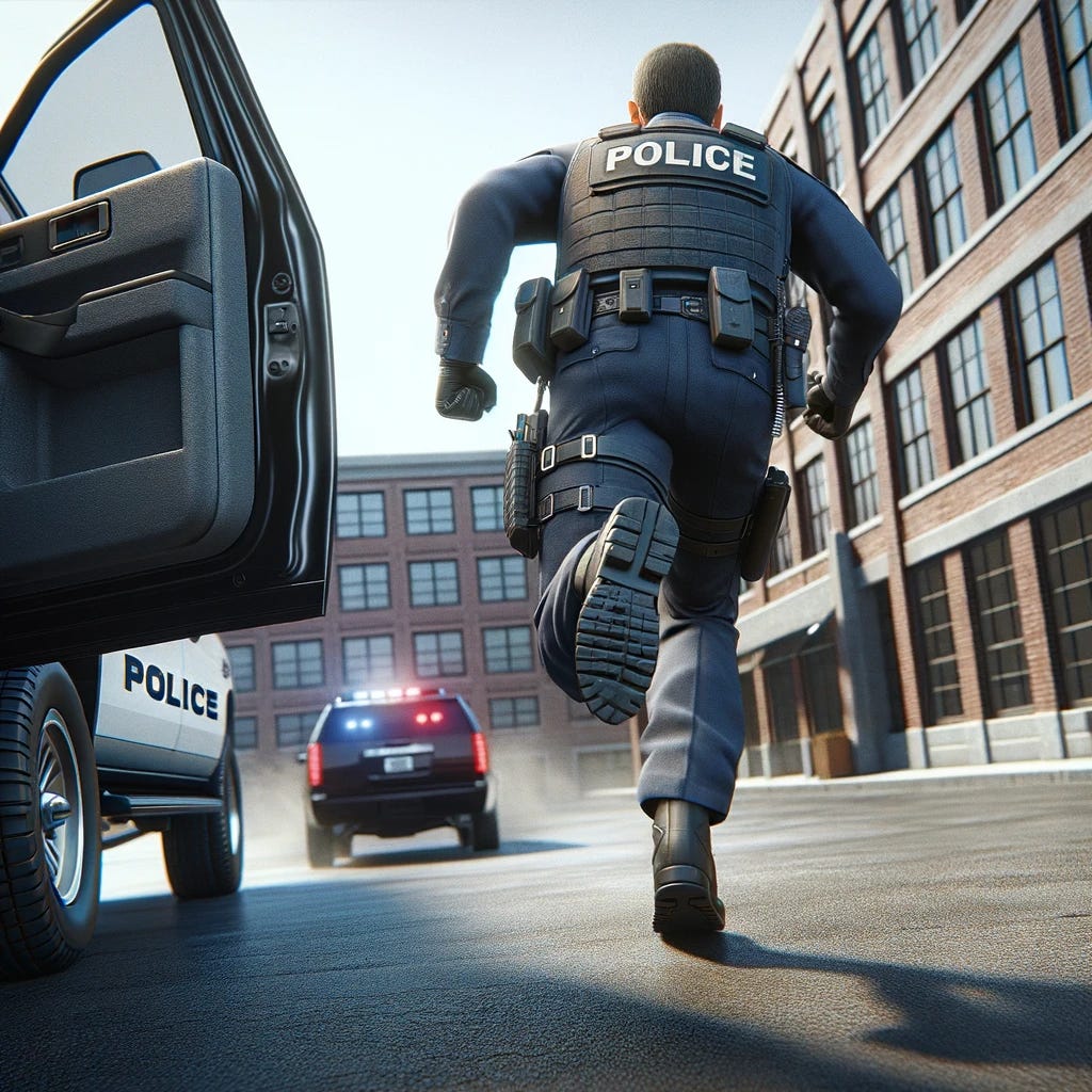 Create an image showing a single police officer, viewed from behind, as he runs away from the viewer towards a medium-sized, generic urban building. The officer is in full uniform, and his posture and stride convey urgency and determination. The open door of his squad car, with lights flashing, is visible in the foreground, indicating he has just exited the vehicle in haste. The scene is set in a nondescript urban environment, focusing on the officer's action and response. This perspective emphasizes the officer's commitment and the immediacy of the situation, without depicting any confrontation or violence. The composition should capture the dynamic movement of the officer towards the building, reflecting a scenario of rapid emergency response.