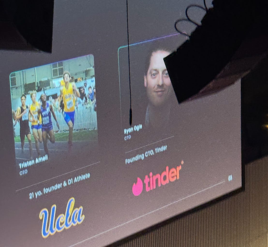Plots founders a16z Speedrun tinder CTO