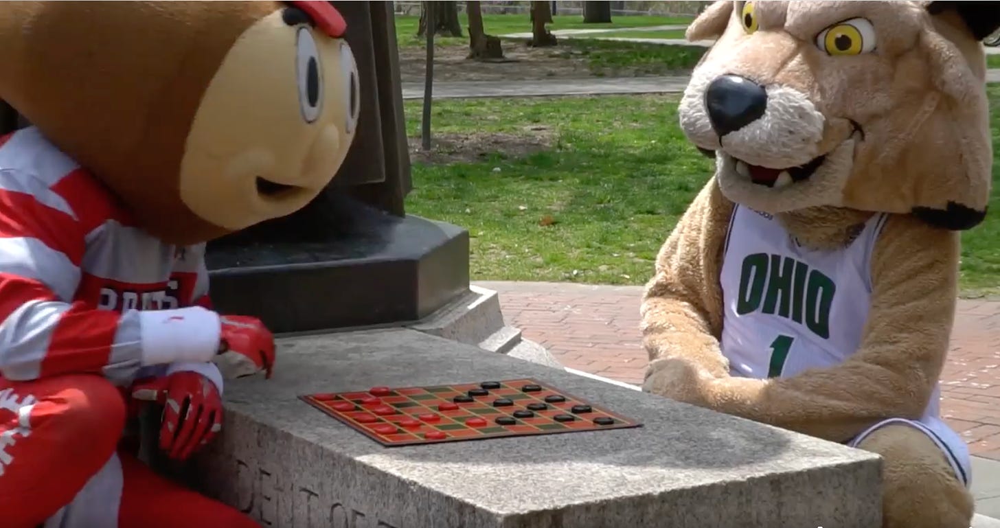 screen grab of OSU and OU mascots playing checkers