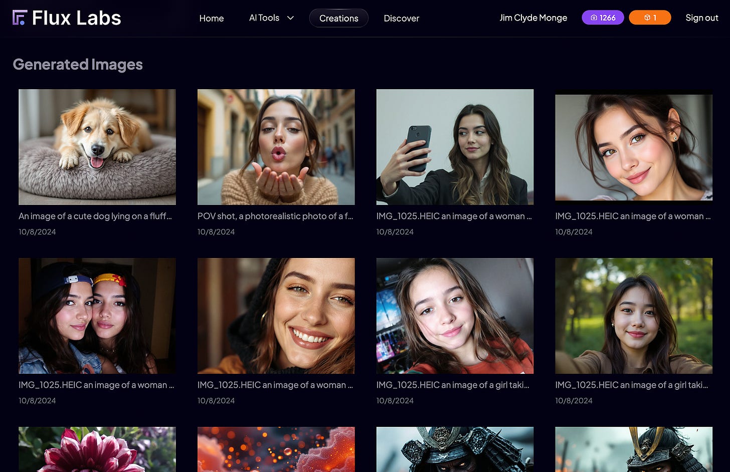 Flux Labs AI creations page