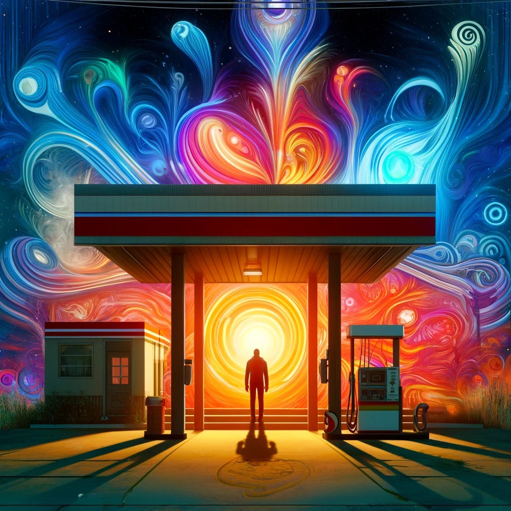 Create a semi-abstract, digital art representation inspired by the essay passage. The image should convey the contrast between the mundane and the esoteric. Depict a stylized gas station with vibrant, swirling colors that represent the lively pop music atmosphere. Include an abstract representation of a person symbolizing the author, immersed in a glowing aura of complex, ethereal patterns and symbols, illustrating kundalini or 'rizz' energy. This figure should appear contemplative and slightly aloof amidst the normalcy of the gas station. The scene should also subtly incorporate elements of 'Othering', perhaps through contrasting shapes or shadows, highlighting the author's past feelings of alienation and his journey towards self-acceptance without snobbery.