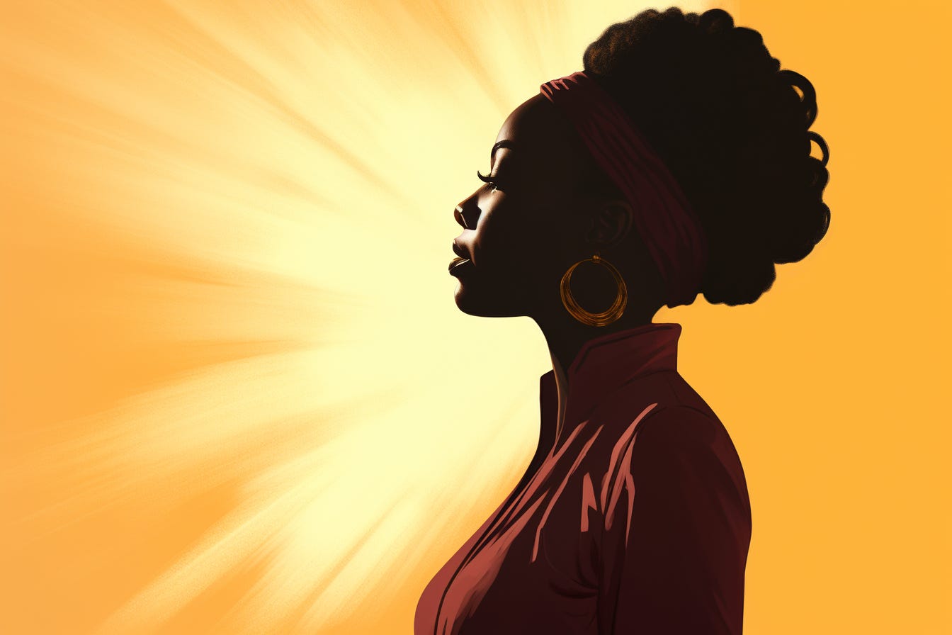 silhouette of the back of a black woman, from the shoulders up, gazing off into the distance, surrounded by a bright midday sun.