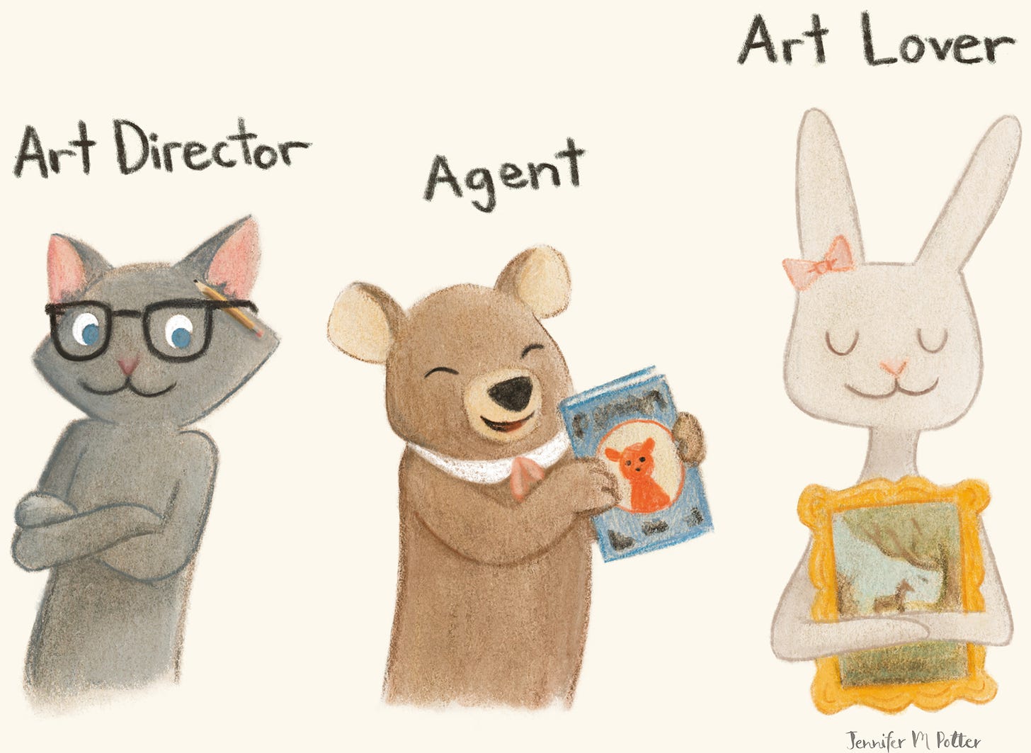 Illustration by Jennifer M Potter of animal versions of an art director, an agent, and an art lover
