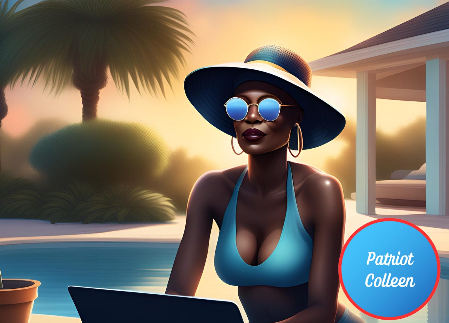 Attractive African American woman typing on her laptop at her pool.