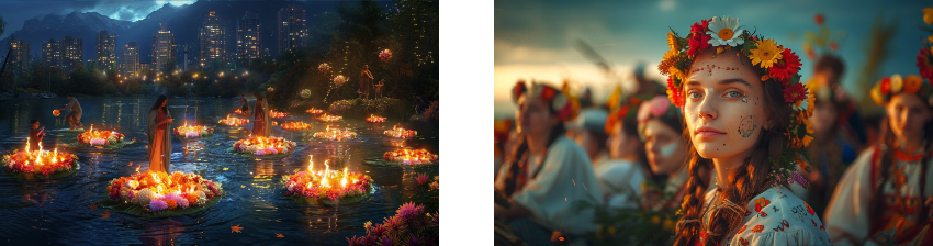 People celebrating a night festival with floating flower arrangements lit by candles on a lake, and a young woman in traditional attire with a flower crown during a cultural event.