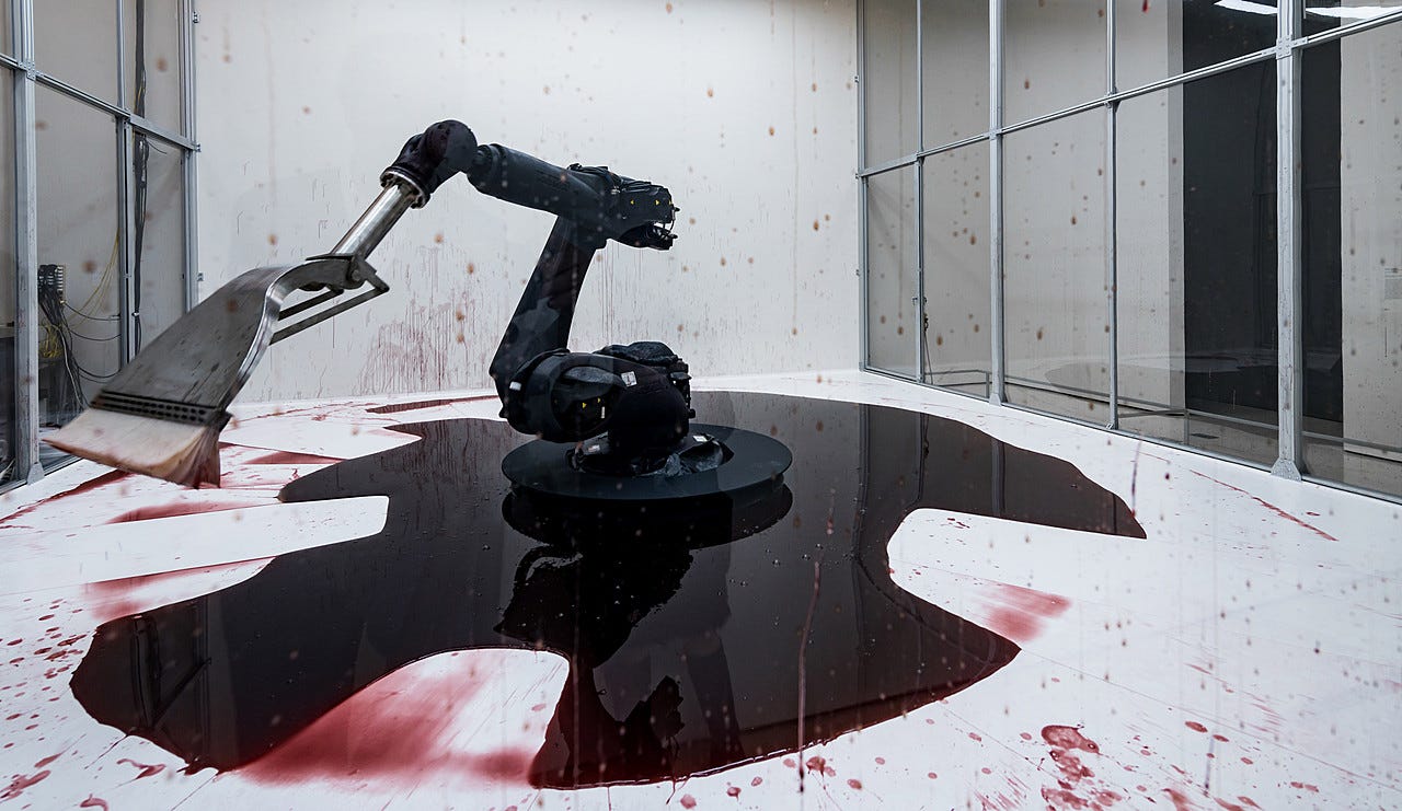 Sun Yuan and Peng Yu, Can't Help Myself, 2016. Kuka industrial robot, stainless steel and rubber, cellulose ether in colored water, lighting grid with Cognex visual-recognition sensors, and polycarbonate wall with aluminum frame, dimensions variable overall Sun Yuan and Peng Yu, Can't Help Myself, 2016. Kuka industrial robot, stainless steel and rubber, cellulose ether in colored water, lighting grid with Cognex visual-recognition sensors, and polycarbonate wall with aluminum frame, dimensions variable overall