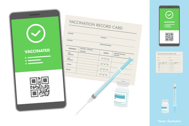 bildbanksillustrationer, clip art samt tecknat material och ikoner med vector illustration of health passport with qr code on smartphone screen, vaccination record card, syringe and bottle with vaccine. - corona vaccinepassport