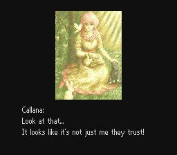 A cutscene from Song of the Angel featuring large character art of Callana, surrounded by small woodland creatures, saying, “Look at that… It looks like it’s not just me they trust!”