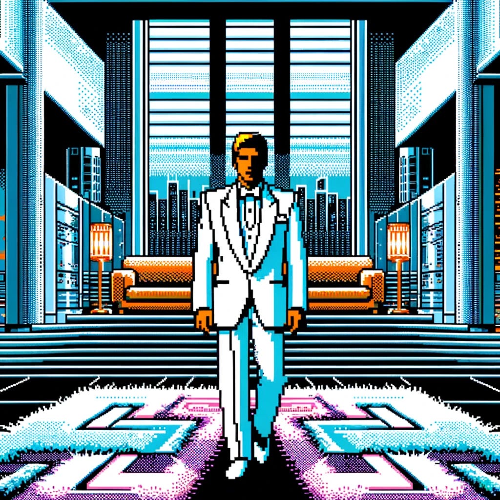 Simplify the graphics of the boss fight scene in the style of an SNK Neo Geo 16-bit arcade game. The ecstasy dealer should be dressed in a crisp white suit, ensuring that his attire is clearly visible and distinct. The scene should still feature the super-fluffy modern rug with abstract geometric designs and lighting in the style of Verner Panton. However, the overall aesthetics should be more in line with the simpler, pixelated graphics typical of early 16-bit video games. The colors should be bright but not overly complex, maintaining the retro arcade game feel.