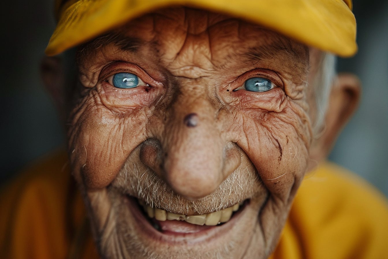  Photo of an old man's face. He has bright blue eyes, a black wart on his nose, and is wearing a yellow cap. He is laughing and we can see that his teeth are crooked.