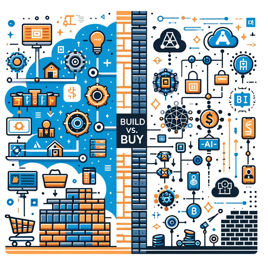 A wordless visual infographic comparing the traditional 'Build vs. Buy' decision-making process in business with the new paradigm influenced by AI. The infographic should be divided into two sections: on the left, the traditional process, represented by icons such as a brick wall for building, a shopping cart for buying, and a balance scale for decision-making. On the right, the AI-influenced process, represented by icons like a robot for AI tools, a cloud with interconnected nodes for AI-driven solutions, and a lightning bolt for innovation and adaptability. The infographic should be visually engaging, using color and design to distinguish between the two processes without any text.