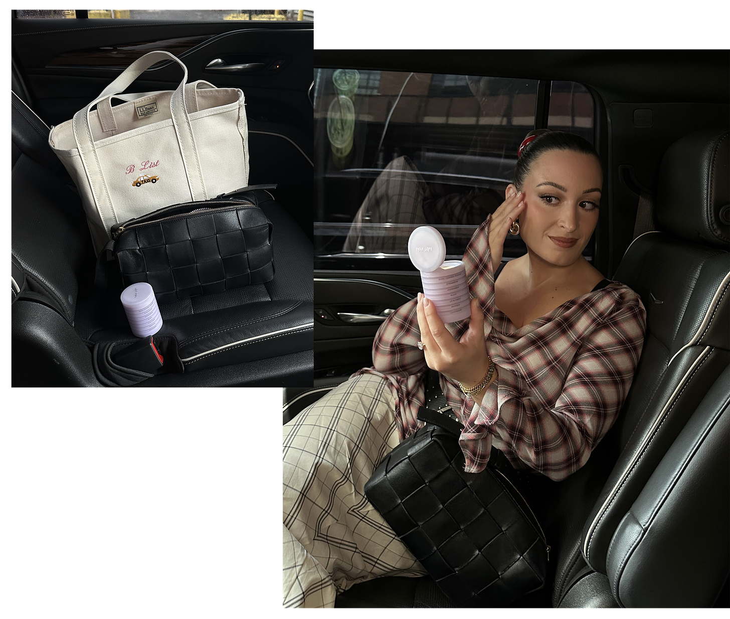 Images of Bella in the car applying her Subtl Beauty products.