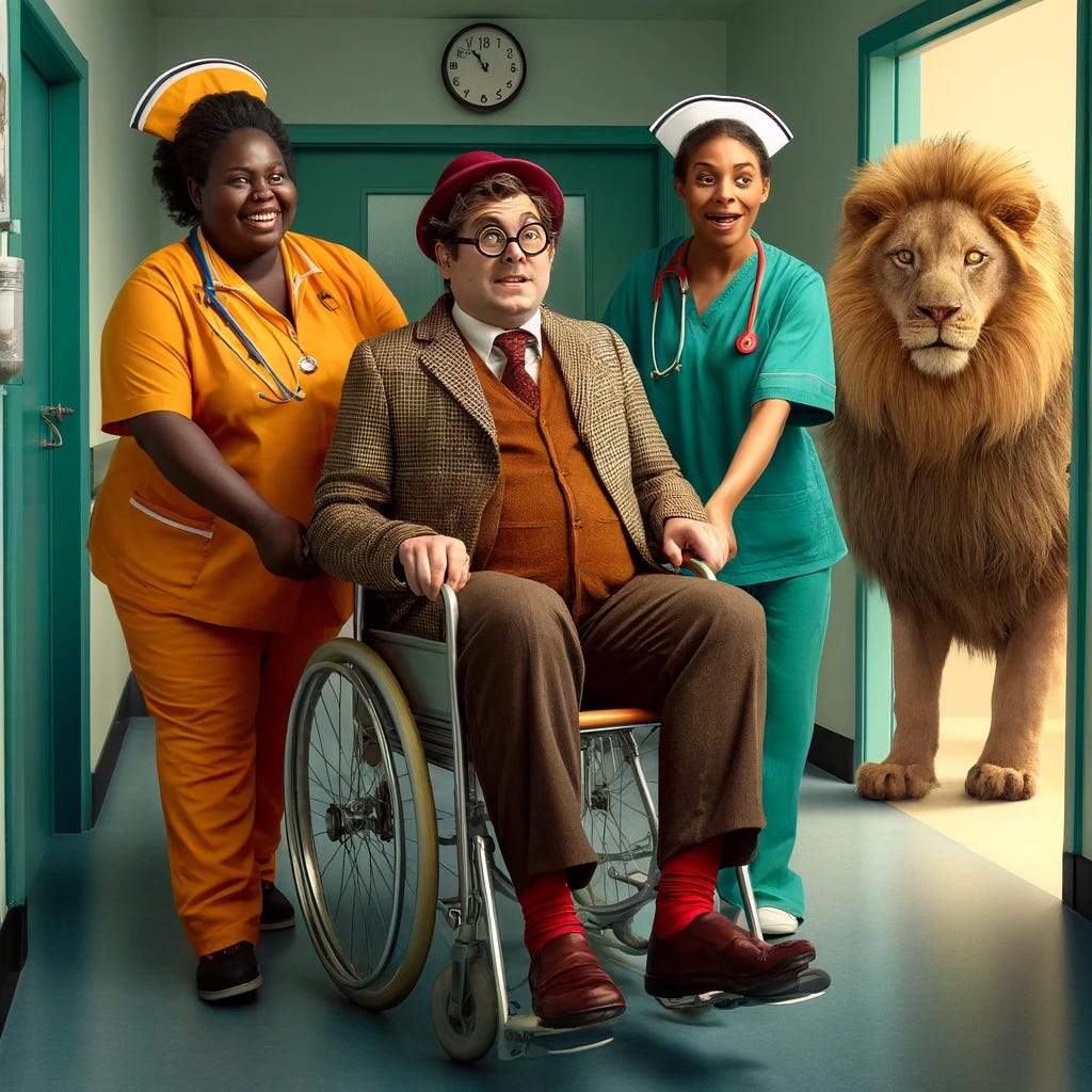 In a hospital corridor, two cheerful, overweight Jamaican nurses are wheeling a worried British columnist towards a door. The nurses, wearing vibrant scrubs that reflect their Jamaican heritage, exude warmth and positivity, their faces lit up with smiles. The British columnist, in contrast, looks deeply concerned, his face etched with worry. He's dressed in a tweed jacket and round spectacles, embodying the classic British intellectual look. In the background, a lion, standing on its hind legs in a human-like posture, holds up a large clock, adding a surreal and whimsical touch to the scene. This bizarre yet captivating moment merges the ordinary with the extraordinary, blending elements of care, culture, and surrealism.
