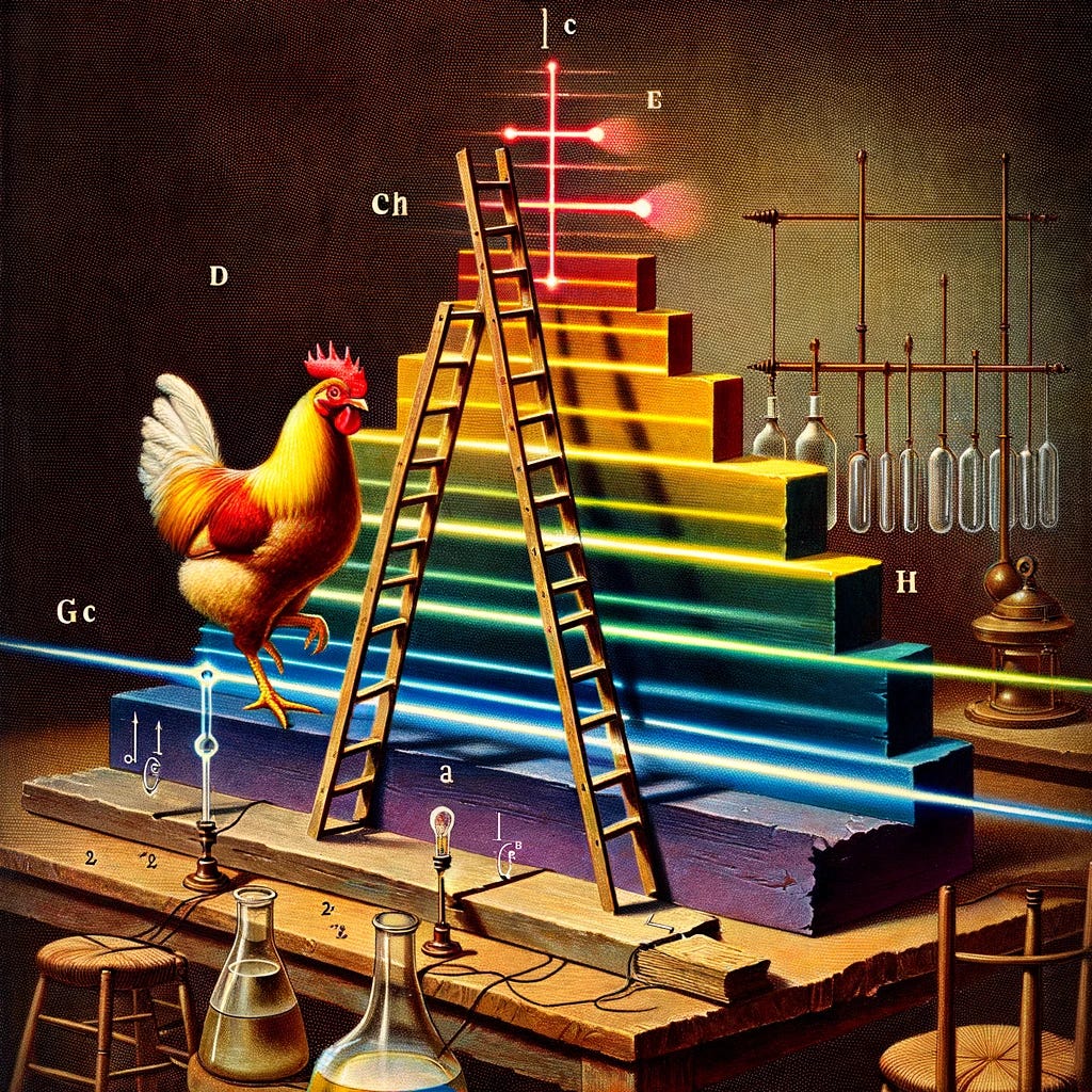 An updated educational illustration based on Johann Balmer's spectroscopic discoveries, featuring a chicken metaphorically hopping on ladder rungs representing discrete energy levels. Each rung emits a beam of light perpendicular to itself, and each beam is depicted in a different spectral color to visually demonstrate the variety of quantized energy levels. This scientifically accurate and vibrant scene is set in an early laboratory setting, blending historical and scientific elements in a visually engaging way.