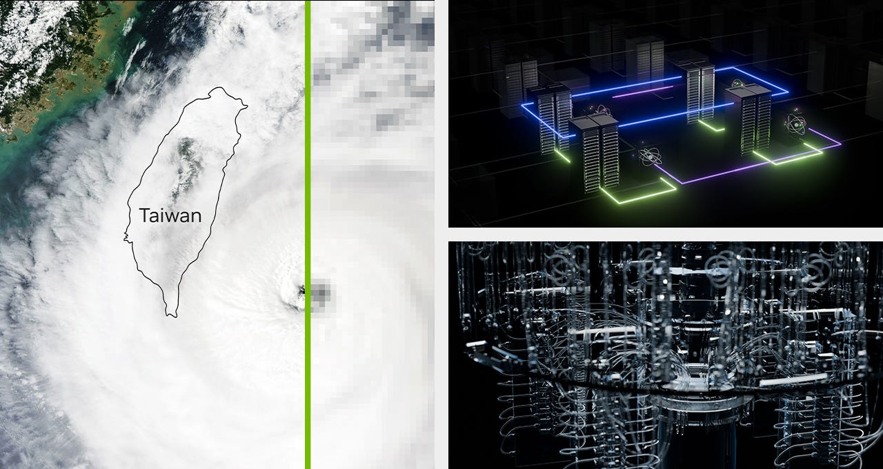 three-panel image showing climate research and quantum computing research
